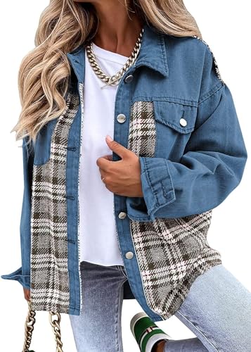 Damen Button Down Denim Jacken für Frauen Mode Langarm Plaid Shacket Jacke, blau, 46 von Placitiume
