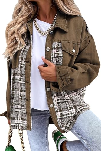 Damen Button Down Denim Jacken für Frauen Mode Langarm Plaid Shacket Jacke, braun, 48 von Placitiume
