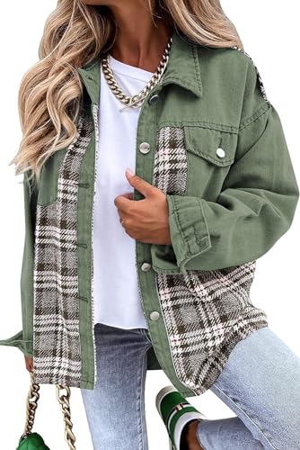 Damen Button Down Denim Jacken für Frauen Mode Langarm Plaid Shacket Jacke, grün, 46 von Placitiume