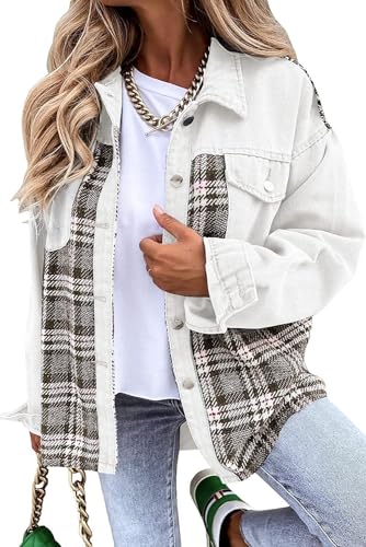 Damen Button Down Denim Jacken für Frauen Mode Langarm Plaid Shacket Jacke, weiß, 48 von Placitiume