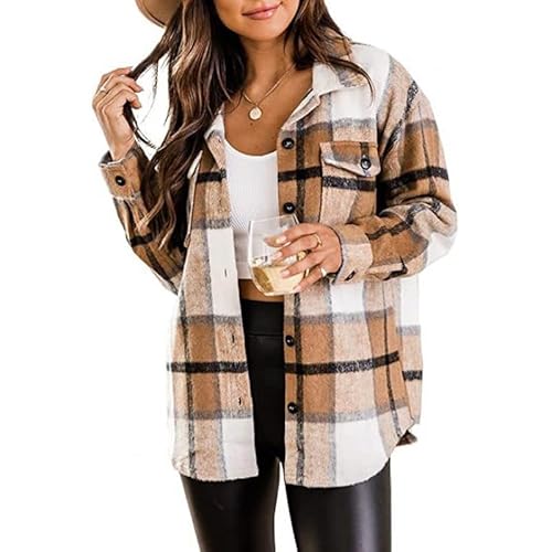 Damen Flanell Plaid Shacket 2025 Herbst Button Down Langarm Shirt Jacke Outfits, camel, S von Placitiume