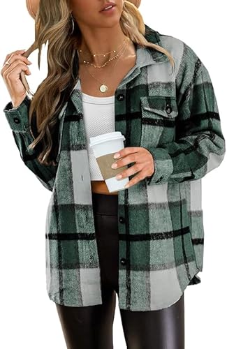 Damen Flanell Plaid Shacket 2025 Herbst Button Down Langarm Shirt Jacke Outfits, grün, M von Placitiume