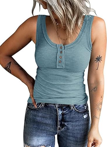 Damen Tanktops Henley ärmellos gerippter V-Ausschnitt Knopfleiste T-Shirts Basic Cami Top, seeblau, M von Placitiume