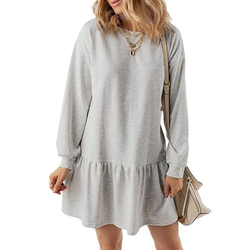 Placitiume 2024 Damen Langarm Pullover Rundhals Kleid - Casual Rippstrick Patchwork Sweatshirt Minikleid, hellgrau, L von Placitiume