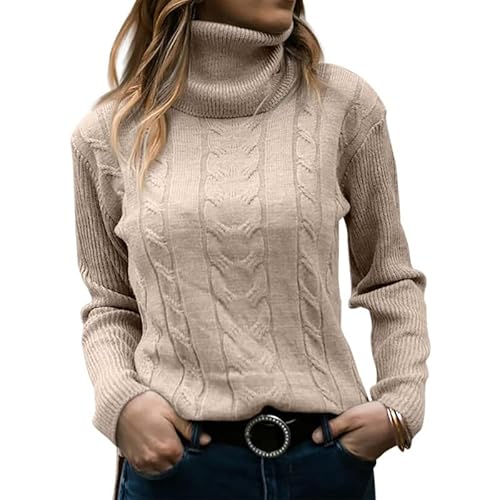 Placitiume 2024 Damen Rollkragenpullover mit Zopfmuster – langärmeliger Pullover für gemütliche Herbsttage, beige, L von Placitiume