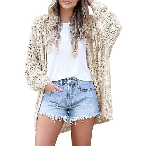 Placitiume Boho-Häkel-Cardigan für Damen, leichter übergroßer Kimono-Pullover mit offener Vorderseite und langen Ärmeln, beige, M von Placitiume