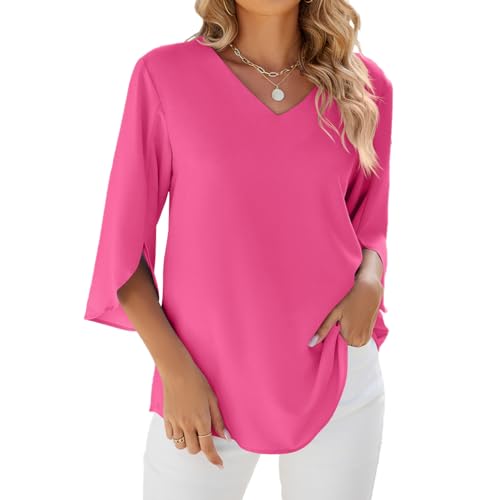 Placitiume Damen 2024 Casual V-Ausschnitt Rüschen 3/4 Ärmel Chiffon Bluse Dressy Tunika Top, rosarot, M von Placitiume