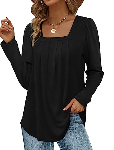 Placitiume Damen 2024 Langarm Tops Quadratischer Ausschnitt Tunika Blusen Geschwungener Saum Shirts, Schwarz , 48 von Placitiume