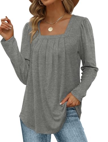 Placitiume Damen 2024 Langarm Tops Quadratischer Ausschnitt Tunika Blusen Geschwungener Saum Shirts, grau, 38 von Placitiume