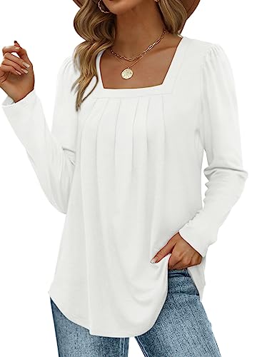 Placitiume Damen 2024 Langarm Tops Quadratischer Ausschnitt Tunika Blusen Geschwungener Saum Shirts, weiß, 38 von Placitiume