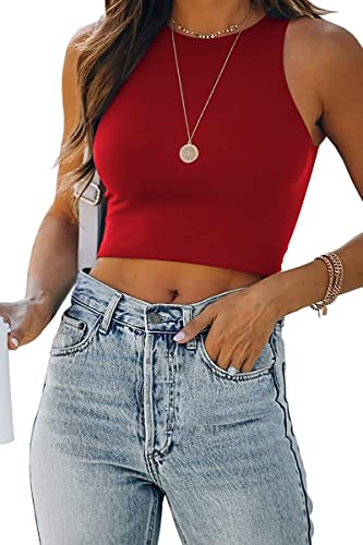 Placitiume Damen Ärmellose Tank Tops High Neck Casual Basic Racerback Cropped Tank Crop Tops Sommer Basic Tank Shirt, rot, S von Placitiume