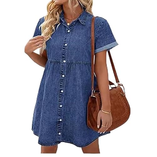 Placitiume Damen Babydoll Jeanskleid Kurzarm Button Down Jeanshemd Kleid mit Ebenen, dunkelblau, L von Placitiume