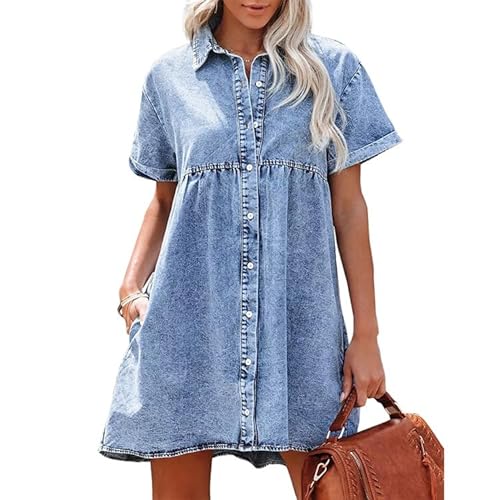 Placitiume Damen Babydoll Jeanskleid Kurzarm Knopfleiste Jeanshemd Kleid mit Stufen, hellblau, XXL von Placitiume