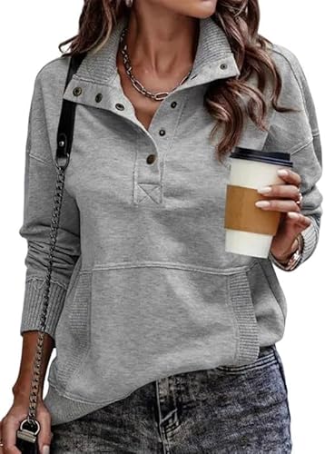 Placitiume Damen Casual Langarm Leicht Sweatshirt Knopf Lose Sweatshirts Pullover Shirts Tops, grau, 42 von Placitiume