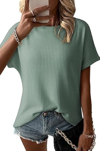 Placitiume Damen Casual Waffelstrick U-Boot-Ausschnitt Kurzarm Tops Lose Sommer Blusen, cyan, M von Placitiume
