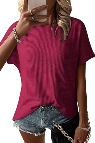 Placitiume Damen Casual Waffelstrick U-Boot-Ausschnitt Kurzarm Tops Lose Sommer Blusen, rosarot, M von Placitiume