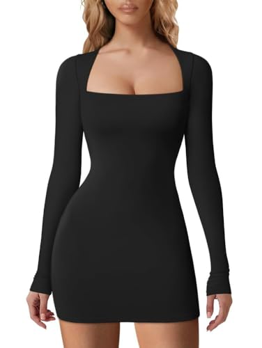 Placitiume Langärmeliges Mini-T-Shirt-Kleid für Damen, quadratischer Ausschnitt, lässiges Party-Outfit, Schwarz , XL von Placitiume