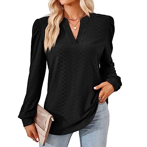 Placitiume Damen Herbst V-Ausschnitt Tunika mit Puffärmeln Lockere Passform Mode Bluse für Workout, Schwarz , L Placitiume Damen Herbst V-Ausschnitt Tunika mit Puffärmeln Lockere Passform Mode Bluse für Workout, Schwarz , L von Placitiume