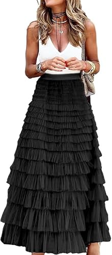 Placitiume Damen High Waist Layered Tüllrock - Flauschige A-Linie Rüschen Mesh Maxirock für Fairycore und besondere Anlässe, Schwarz , XL von Placitiume