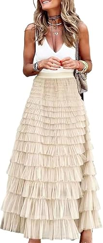 Placitiume Damen High Waist Layered Tüllrock - Flauschige A-Linie Rüschen Mesh Maxirock für Fairycore und besondere Anlässe, aprikose, S von Placitiume