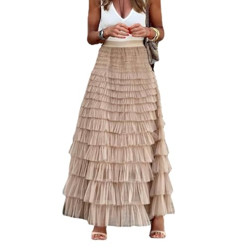 Placitiume Damen High Waist Layered Tüllrock - Flauschige A-Linie Rüschen Mesh Maxirock für Fairycore und besondere Anlässe, khaki, M von Placitiume
