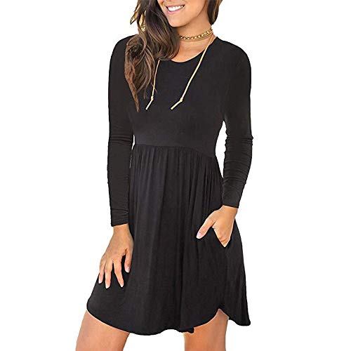 Placitiume Damen Langarm Swing Kleid Casual Loose Fit mit Taschen Bequeme Herbst Outfits, Schwarz , L von Placitiume