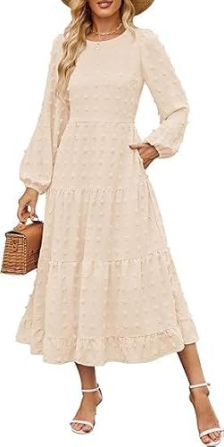 Placitiume Damen Maxikleid 2025 Herbst Langarm Casual Rundhals Swiss Dot Stufig Flowy A-Linie Hochzeit Gäste Kleid, beige, M von Placitiume