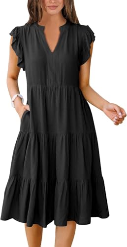 Placitiume Damen-Midikleid mit Rüschenärmeln und V-Ausschnitt, fließend, gestuft, Boho, lässig, Strandkleid, Schwarz , XL von Placitiume