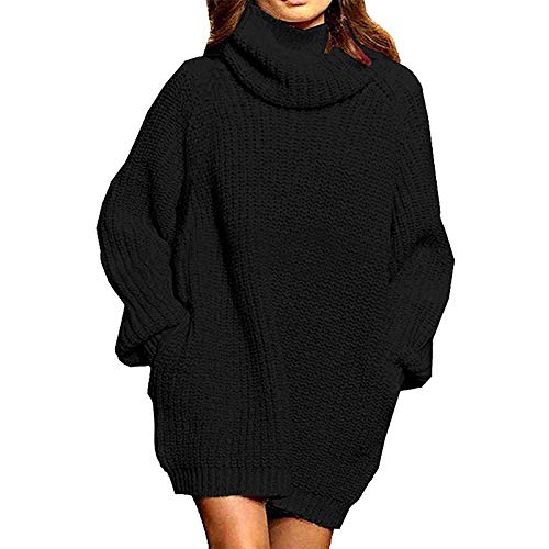 Placitiume Damen Oversized Rollkragen Pulloverkleid - Loose Fit Long Pullover Strickkleid, Schwarz , XL von Placitiume