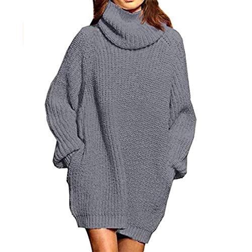 Placitiume Damen Oversized Rollkragen Pulloverkleid - Loose Fit Long Pullover Strickkleid, grau, XL von Placitiume