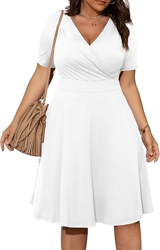 Placitiume Damen Plus Size Ärmellos Wrap V-Ausschnitt Sommerkleid Casual Sommer Cocktailkleid mit Taschen, weiß, 3XL von Placitiume