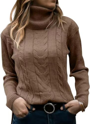 Placitiume Damen Rollkragenpullover mit langen Ärmeln, Zopfmuster, warmer Pullover für Herbst und Winter, dunkelbraun, L von Placitiume