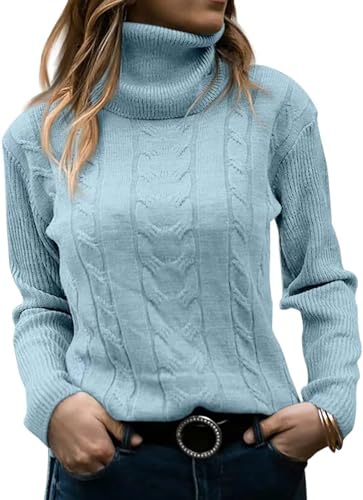 Placitiume Damen Rollkragenpullover mit langen Ärmeln, Zopfmuster, warmer Pullover für Herbst und Winter, hellblau, L von Placitiume