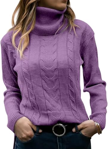 Placitiume Damen Rollkragenpullover mit langen Ärmeln, Zopfmuster, warmer Pullover für Herbst und Winter, hellviolett, S von Placitiume