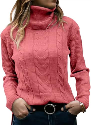 Placitiume Damen Rollkragenpullover mit langen Ärmeln, Zopfmuster, warmer Pullover für Herbst und Winter, wassermelone, L von Placitiume