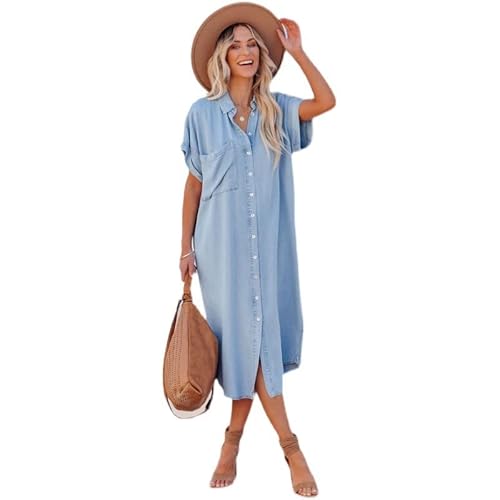 Placitiume Damen Sommer Casual Denim Midi Tunika Kleid Loose Fit mit Eingrifftaschen, blau, S von Placitiume