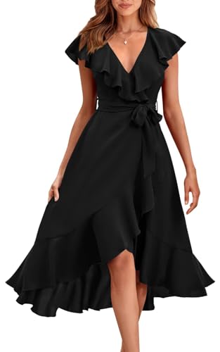 Placitiume Damen Sommer Wickelkleid V Ausschnitt Split Partykleid mit Rüschen Kurze Ärmel und Gürtel Midi-Länge, Schwarz , L von Placitiume