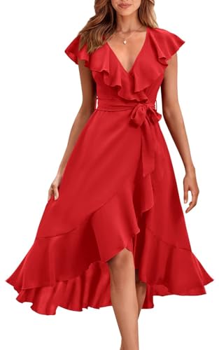 Placitiume Damen Sommer Wickelkleid V Ausschnitt Split Partykleid mit Rüschen Kurze Ärmel und Gürtel Midi-Länge, rot, L von Placitiume