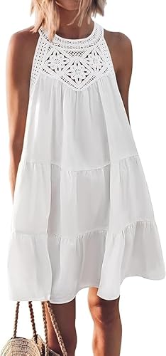 Placitiume Damen-Sommerkleid 2024, Neckholder, A-Linie, gestuft, Strandurlaub, Mini-Sommerkleid, lässig, ärmellos, weiß, M von Placitiume