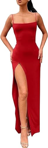 Placitiume Damen Spaghettiträger Rückenfrei Oberschenkelhoch Schlitz Maxi Bodycon Kleid Club Party Langes Kleid, rot, L von Placitiume