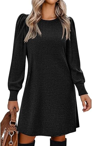 Placitiume Damen Strickkleid mit Puffärmeln – lässiges Tunika-Kleid mit Rundhalsausschnitt für Herbst und Winter 2024, Schwarz , L von Placitiume