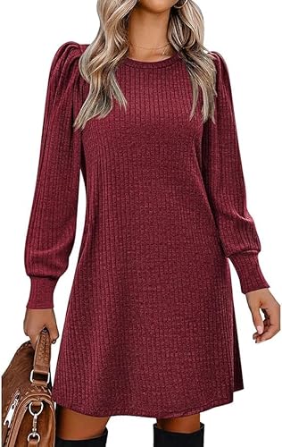 Placitiume Damen Strickkleid mit Puffärmeln – lässiges Tunika-Kleid mit Rundhalsausschnitt für Herbst und Winter 2024, burgunderfarben, L von Placitiume