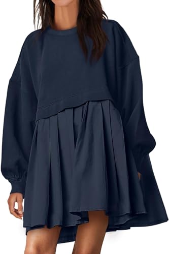 Placitiume Frauen Oversized Hoodie Sweatshirt Kleid Rundhalsausschnitt Casual Baggy Patchwork Plissee Flowy Kurze Mini Kleider, marineblau, Small von Placitiume