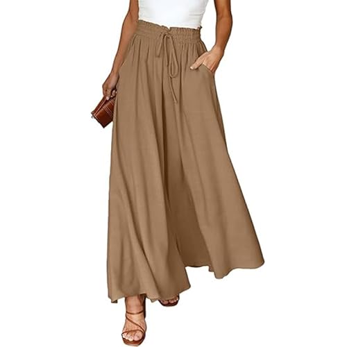 Placitiume Lässige Damenhose mit weitem Bein, elastischer Kordelzug in der Taille, fließende Palazzo-Hose mit Taschen, khaki, L von Placitiume