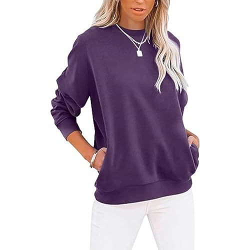 Placitiume Lässiger Damen-Sweatshirt mit Rundhalsausschnitt, langärmelig, Farbblock-Pullover, lockere Passform, Oberteil mit Taschen, C-lila, S von Placitiume