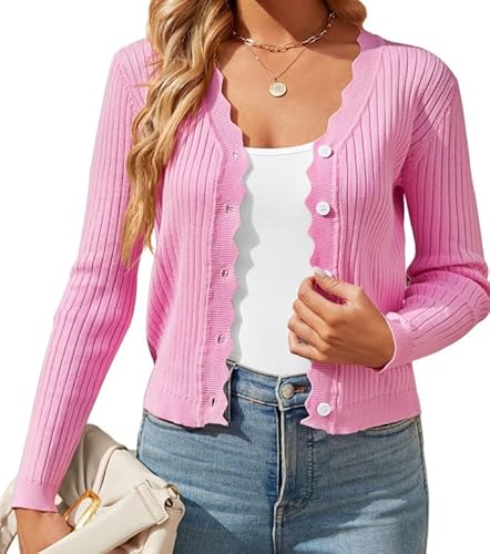 Placitiume Langarm-Cardigan mit V-Ausschnitt für Damen – Button-Down-Strick-Pullover, rose, M von Placitiume