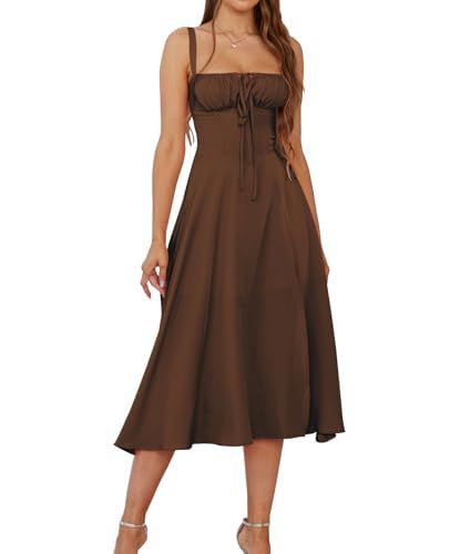 Placitiume Midi-Korsett-Kleid mit Blumenmuster, Boho, fließend, A-Linie, lässiges Sommerkleid mit Schnürschlitz für Damen, braun, L von Placitiume