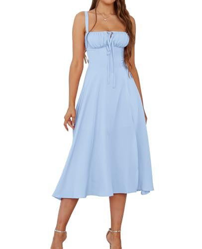 Placitiume Midi-Korsettkleid mit Blumenmuster – Boho, fließend, A-Linie, lässiges Sommerkleid mit Schnürschlitz für Damen, hellblau, XS von Placitiume