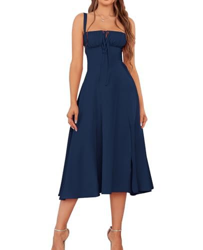Placitiume Midi-Korsettkleid mit Blumenmuster – Boho, fließend, A-Linie, lässiges Sommerkleid mit Schnürschlitz für Damen, marineblau, L von Placitiume