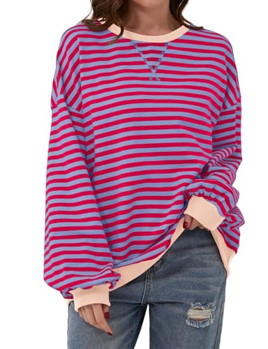 Placitiume Oversized Crewneck Sweatshirt für Frauen 2024 Gestreift Langarm Adrette Tops und Hoodies, lila, pink, L von Placitiume